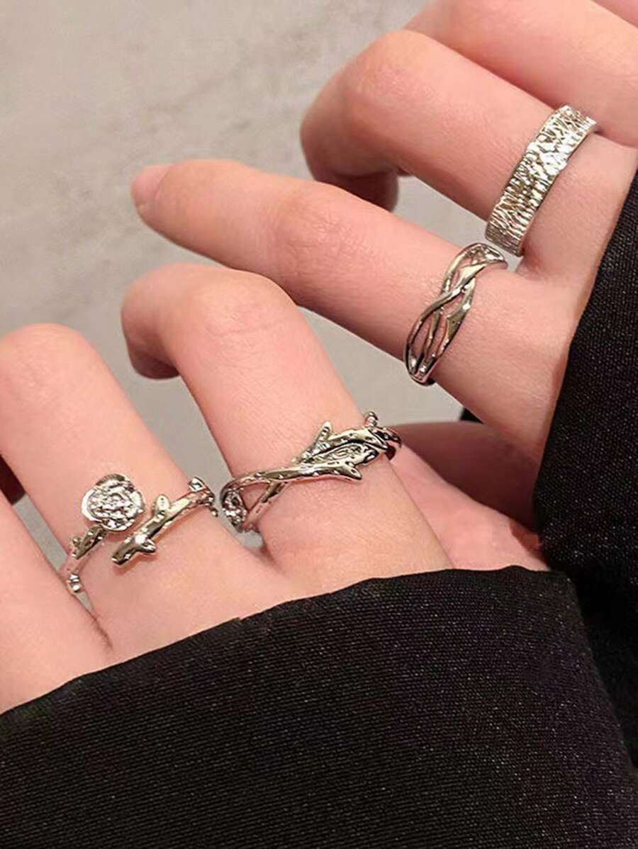 荊棘玫瑰藤情侶戒指套裝，酷調色調，開口式食指戒指，INS風格，彈性帶，非凡設計 - 銀色 - 查看 1