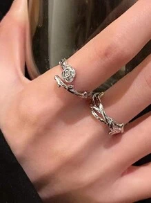 荊棘玫瑰藤情侶戒指套裝，酷調色調，開口式食指戒指，INS風格，彈性帶，非凡設計 - 銀色 - 查看 3