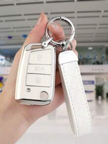 3pcs/Set Tpu Soft Shell Car Key Cover + Pressed Checkered Leather Keychain With Screwdriver, Suitable For 3-Button Folding Car Keys - Multicolor - View 2