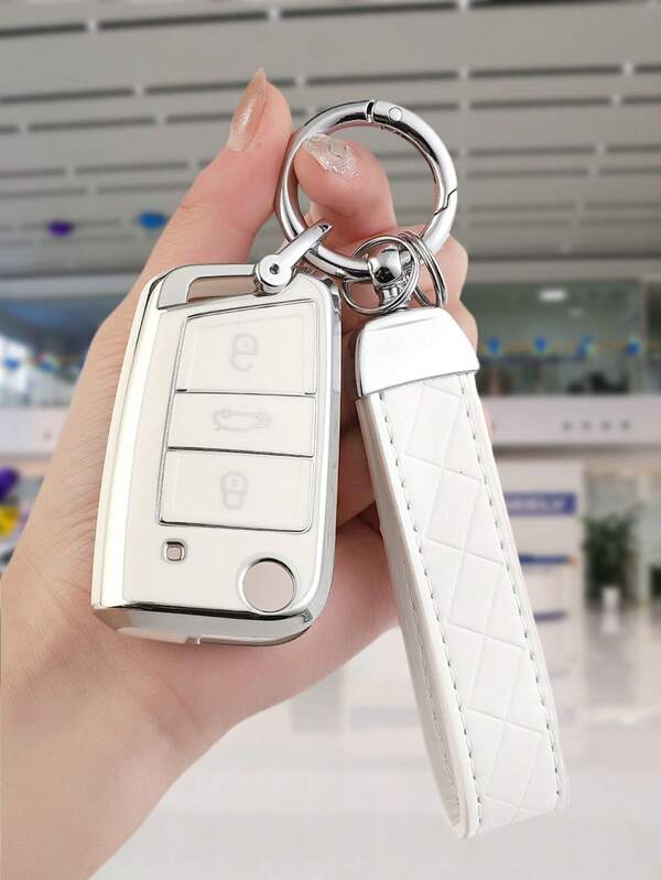 3pcs/Set Tpu Soft Shell Car Key Cover + Pressed Checkered Leather Keychain With Screwdriver, Suitable For 3-Button Folding Car Keys