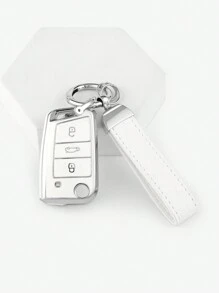 3pcs/Set Tpu Soft Shell Car Key Cover + Pressed Checkered Leather Keychain With Screwdriver, Suitable For 3-Button Folding Car Keys - Multicolor - View 6