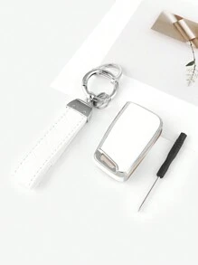 3pcs/Set Tpu Soft Shell Car Key Cover + Pressed Checkered Leather Keychain With Screwdriver, Suitable For 3-Button Folding Car Keys - Multicolor - View 3