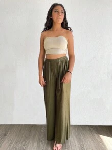 Pantalón acampanado de tela ligera y fresca sin transparencias tela con brillos - Verde militar - Ver 1