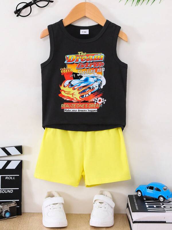 2pcs Baby Boys' Casual Fashionable Car Print Vest + False Drawstring Shorts