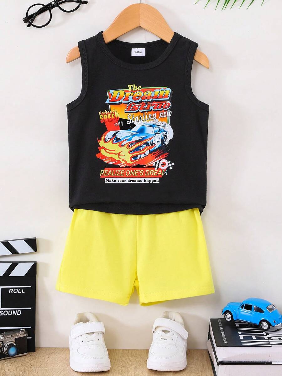 2件套男婴休闲时尚汽车印花上衣+假抽绳短裤 - 黑色 - 查看 1