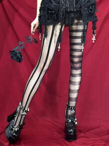 2 Paires/ensemble De Chaussettes Asymétriques En Résille – 1 Paire De Collants Creux Au Design De Cartes À Jouer + 1 Paire De Collants À Motif Rayé Pour Femme, Collants Transparents Gothiques Sexy Taille Haute Sur Toute La Longueur.