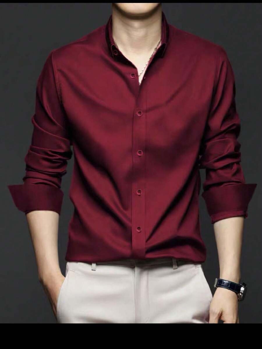 Men Shirts - 酒紅色 - 查看 1