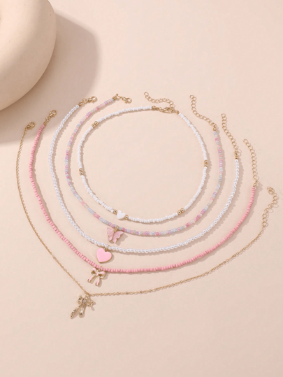 5pcs/Set Beaded Necklace Set For Girls, With Pearl, Butterfly, And Heart Pendant