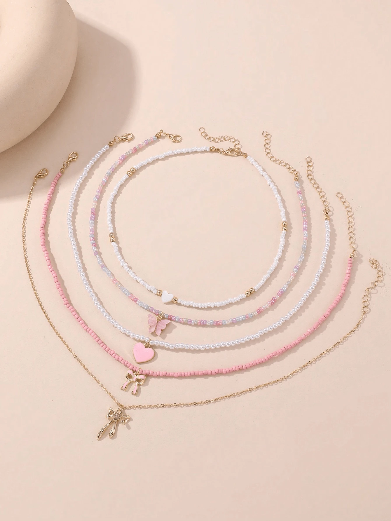 5pcs/Set Beaded Necklace Set For Girls, With Pearl, Butterfly, And Heart Pendant - Multicolor - View 1