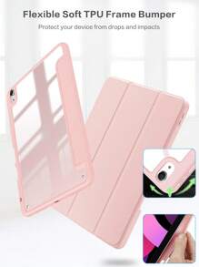 1 件三折硅胶可折叠防摔平板电脑保护套兼容 iPad 带笔架平板电脑皮革保护套-粉色