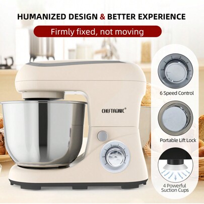 CHEFTRONIC خلاط واحد يدوي 5لتر، خلاط كهربائي للمنزل - 1300W 6+سرعة، خلاط مطبخ متعدد الوظائف يحتوي على سنانير العجين، البيض، الطعام والزبدة (EU مقبس)