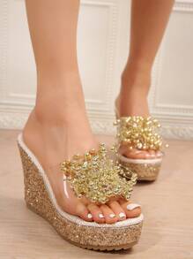 10cm Wedge Heel Water Resistant Thick Bottom Women's Shoes For Summer Outdoor Activities With Transparent Peep Toe Design And Golden Beads Decoration
