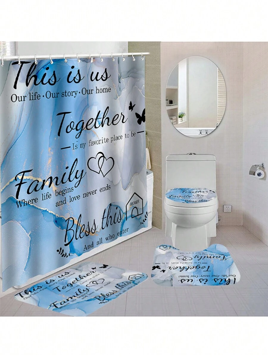 防水浴室淋浴簾套裝,包含12個鉤子、馬桶座墊、浴墊和地毯、防滑地墊、馬桶蓋、可水洗聚酯織物窗簾 - 彩色 - 查看 1