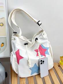 Túi Tote Vải Nylon Màu Trơn Mùa Xuân Hè Mới Có Sức Chứa Lớn Trang Trí Ngôi Sao Năm Cánh Cho Nữ, Túi Đeo Vai & Đeo Chéo Cho Học Sinh, Túi Rỗng Ngôi Sao Thời Trang Cho Nữ - trắng - Xem 4