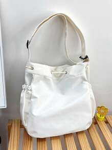 Túi Tote Vải Nylon Màu Trơn Mùa Xuân Hè Mới Có Sức Chứa Lớn Trang Trí Ngôi Sao Năm Cánh Cho Nữ, Túi Đeo Vai & Đeo Chéo Cho Học Sinh, Túi Rỗng Ngôi Sao Thời Trang Cho Nữ - trắng - Xem 5