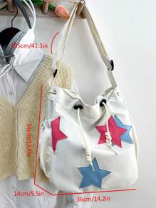 Túi Tote Vải Nylon Màu Trơn Mùa Xuân Hè Mới Có Sức Chứa Lớn Trang Trí Ngôi Sao Năm Cánh Cho Nữ, Túi Đeo Vai & Đeo Chéo Cho Học Sinh, Túi Rỗng Ngôi Sao Thời Trang Cho Nữ - trắng - Xem 7