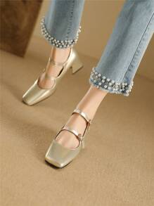 Giày Mary Jane cổ điển của Pháp có gót thấp, gót vừa, màu vàng cho trang phục thanh lịch của phụ nữ, giày công sở - Vàng - Xem 2