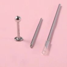 3pcs/Set Stainless Steel Lip Stud Earrings And Sterile Ear Piercing Pins And Jewelry Donning Aids, For Women And Men Ear Piercing Accessories Tool Set - Silver - View 9