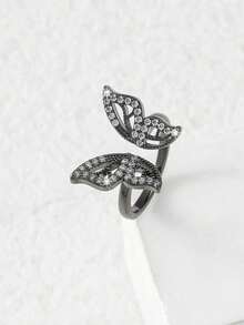 1 pièce bague creuse en cuivre avec diamant incrusté de papillon - Noir - Voir 2
