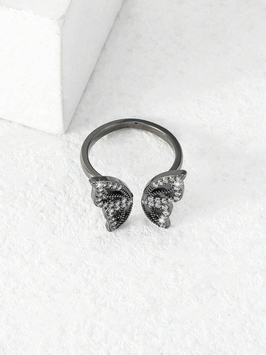 1 pièce bague creuse en cuivre avec diamant incrusté de papillon - Noir - Voir 1