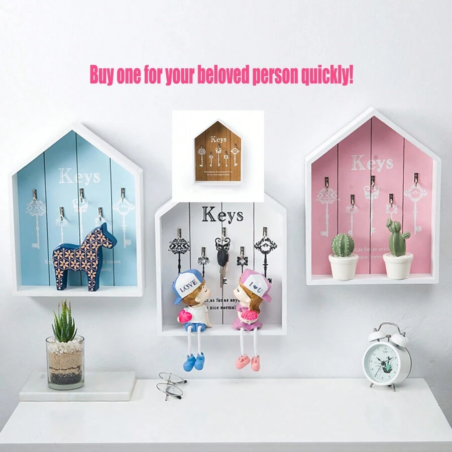 1個創意北歐風格的木製房子形鑰匙座,掛牆首飾盒,儲物架,家居入口必備 - 彩色 - 查看 1