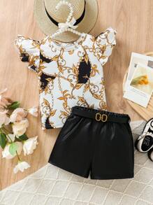 2 Stücke/Set Baby Mädchen Retro Kette & Bedrucktes Cap Sleeve Top und Faux Leder Shorts mit Gürtel, Frühling/Sommer
