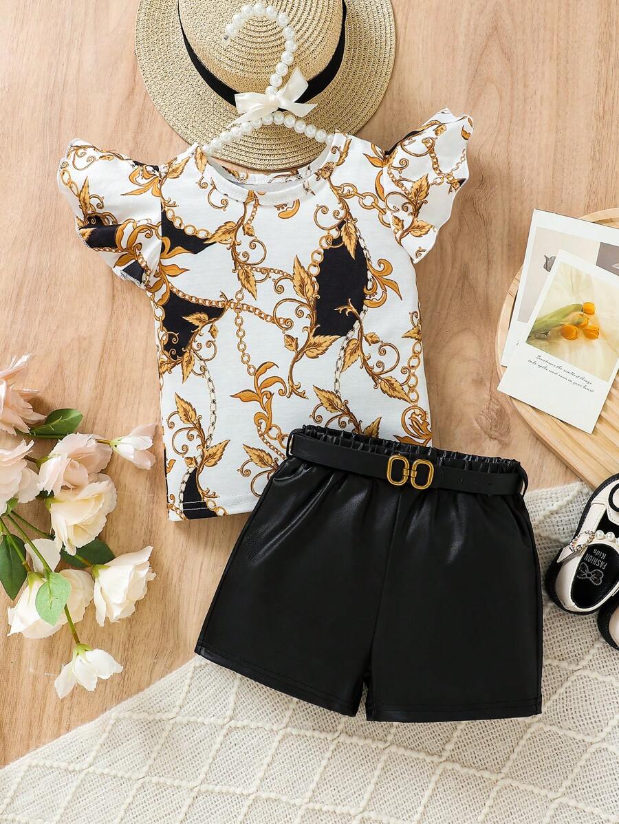 2 Stücke/Set Baby Mädchen Retro Kette & Bedrucktes Cap Sleeve Top und Faux Leder Shorts mit Gürtel, Frühling/Sommer