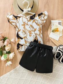 2 Stücke/Set Baby Mädchen Retro Kette & Bedrucktes Cap Sleeve Top und Faux Leder Shorts mit Gürtel, Frühling/Sommer