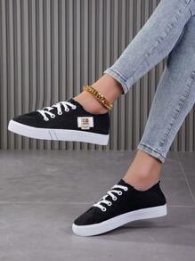 Ladies' Flat Canvas Casual Sports Shoes, Multifunctional Low Top Lace-Up Skate Shoes - Black - View 2