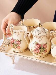 1set European Style Ceramic Sugar Bowl And Milk Pot Set, Coffee Tools With Flower Cup, Sugar Container And Storage Jar - Beige - View 6