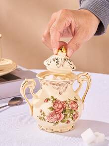 1set European Style Ceramic Sugar Bowl And Milk Pot Set, Coffee Tools With Flower Cup, Sugar Container And Storage Jar - Beige - View 4