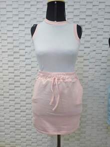 Conjunto Feminino  Lindo Cos Alto com Elastico na Cintura e Blusinha em Ribana bicolor. - Rosa Bebê - Visão 3