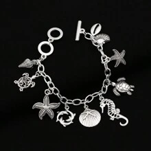 1pc Ocean Style Seahorse Turtle Dolphin Starfish Sea Snails Scallop Conch Charm Pendant Bracelet Chain, Marine Animal Bracelet Unisex Friendship Jewelry Gift