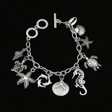 1pc Ocean Style Seahorse Turtle Dolphin Starfish Sea Snails Scallop Conch Charm Pendant Bracelet Chain, Marine Animal Bracelet Unisex Friendship Jewelry Gift
