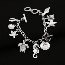 1pc Ocean Style Seahorse Turtle Dolphin Starfish Sea Snails Scallop Conch Charm Pendant Bracelet Chain, Marine Animal Bracelet Unisex Friendship Jewelry Gift
