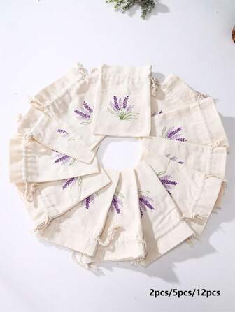 2入組/5入組/12入組可重複使用的純色帆布拉繩收納袋-帆布袋-的布製袋-零食袋-薰衣草編織布袋-用於收納,整理和禮品包裝