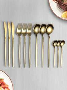 2pcs/4pcs/12pcs/16pcs/24pcs Stainless Steel Cutlery Set Fork Spoon Set, Suitable For Home Kitchen Restaurant Hotel Kitchenware Set - Gold - View 13