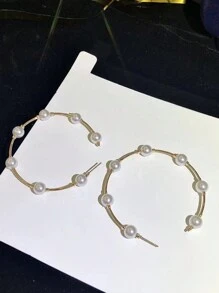 Simple Big Circle Pearl Earrings, Fashionable Personalized Statement Earrings For Women - Gold - View 4