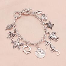 1pc Ocean Style Seahorse Turtle Dolphin Starfish Sea Snails Scallop Conch Charm Pendant Bracelet Chain, Marine Animal Bracelet Unisex Friendship Jewelry Gift