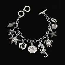 1pc Ocean Style Seahorse Turtle Dolphin Starfish Sea Snails Scallop Conch Charm Pendant Bracelet Chain, Marine Animal Bracelet Unisex Friendship Jewelry Gift