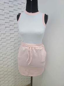 Conjunto Feminino  Lindo Cos Alto com Elastico na Cintura e Blusinha em Ribana bicolor. - Rosa Bebê - Visão 4