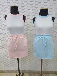 Conjunto Feminino  Lindo Cos Alto com Elastico na Cintura e Blusinha em Ribana bicolor. - Rosa Bebê - Visão 2