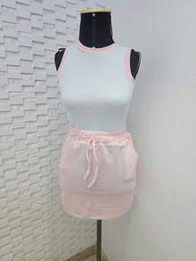 Conjunto Feminino  Lindo Cos Alto com Elastico na Cintura e Blusinha em Ribana bicolor. - Rosa Bebê - Visão 1