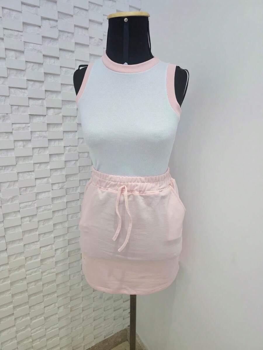 Conjunto Feminino  Lindo Cos Alto com Elastico na Cintura e Blusinha em Ribana bicolor. - Rosa Bebê - Visão 1
