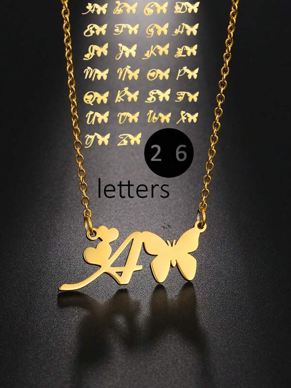 1pc 26 Alphabet Letters Butterfly Design Pendant Necklace For Women/Men, Stainless Steel 18k Gold & Silver Vacuum Plating, Anti-Fading & Low Allergy Signature Name Pendant Necklace