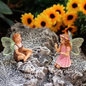 2pcs Cute Whispering Fairy Garden Resin Crafts Tabletop Ornaments,Fairy Tale Ornaments Garden Lawn Porch Courtyard Outdoor Decoration, Fairy Tale Garden Accessories