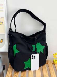 Túi Tote Vải Nylon Trơn Trang Trí Hình Sao Mùa Xuân/Hè Mới Dung Tích Lớn Cho Nữ, Có Thể Dùng Làm Túi Đeo Vai/Túi Đeo Chéo Cho Học Sinh., Túi Nữ Thời Trang Hình Sao Rỗng, Túi Tote Cho Học Sinh, Nhiều Ngăn, Hoàn Hảo Cho Bãi Biển, Trường Học, Công Sở & Sử Dụng Hàng Ngày - màu đen - Xem 4