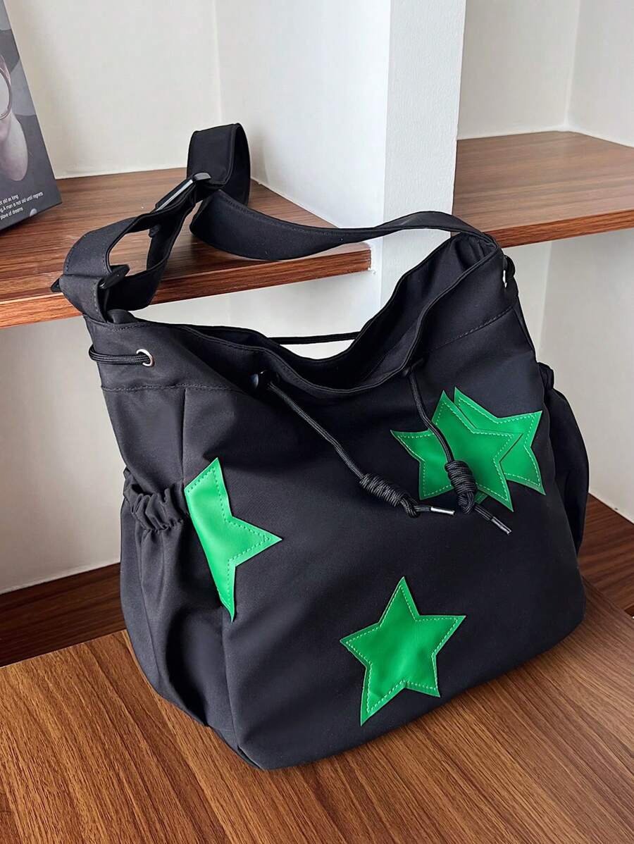 New Spring/Summer Plain Nylon Fabric Star Decor Large Capacity Tote Bag For Women, Can Be Used As Shoulder/Crossbody Bag For Students., Fashionable Stars Hollow Women Bag, Tote Bags For Students, Multiple Compartments, Perfect For Beach, School, Work & Daily Use