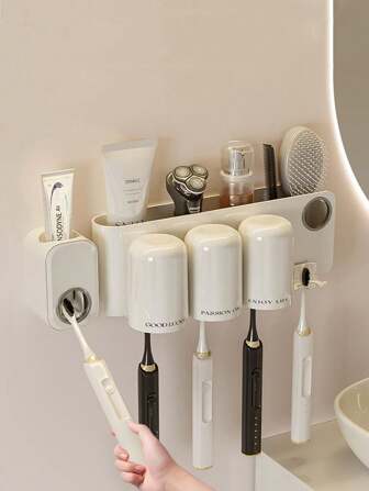 浴室牆掛式牙刷架套裝,豪華設計,無需鑽孔,牙刷,牙膏和杯子的收納架