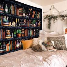 1pc Bookshelf Tapestry Magical Book Tapestryes Goth Skull Tapestry Vintage Botanical Tapestry Black Cat Wall Tapestry Hanging For Bedroom Home Decor, Flag For Room, Room Decor, Tapestry, Wall Decor, Wall Art ,Room Stuffs, Flags For Room, Tapestri